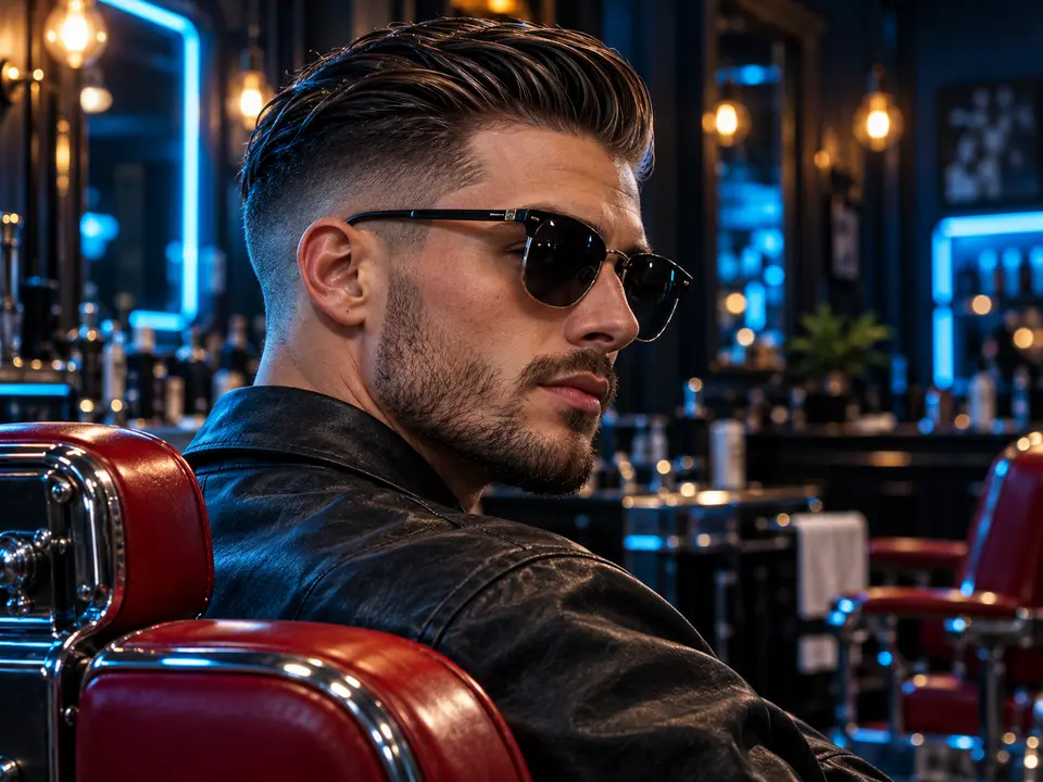 Slicked back hair with a taper