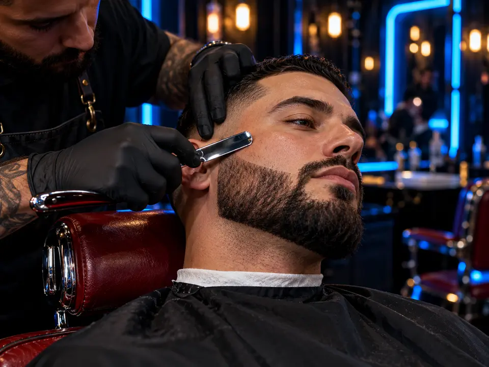 Barber lining up a beard with a straight razor