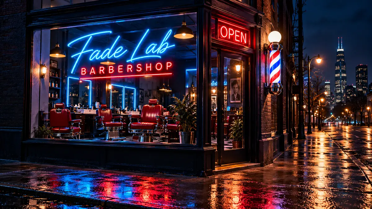 Fade Lab storefront at night with neon signs